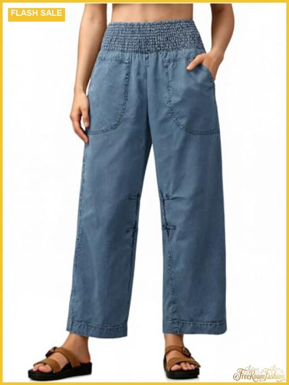 High Waisted Baggy Barrel Leg Jeans Smocked Pull On Denim